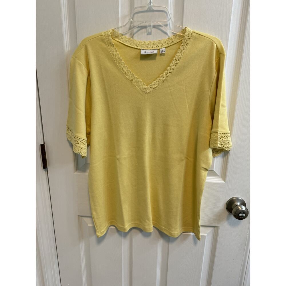 Denim Co XL Sunny Yellow Top V-neck Crochet Trim Short Sleeve Stretch Cotton
